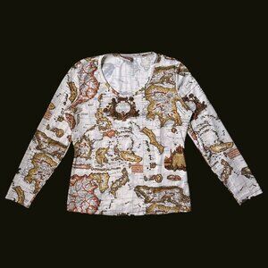 70s Vintage Novelty Print Shirt Longsleeve Atlas Asia Map Pattern Geography.